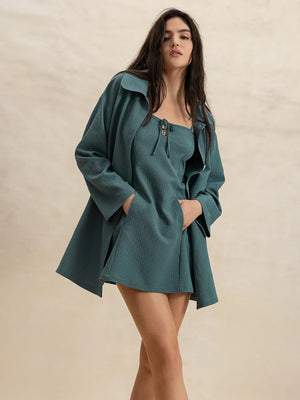 Textured mini dress and duster set in French Blue with tie-neck detail and pockets
