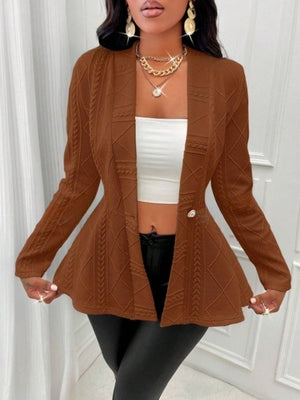 Textured knit peplum blazer in tan with a single button and cable knit details.