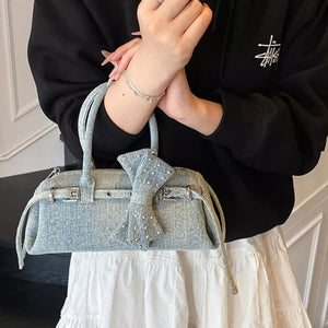 Denim Bow Accent Crossbody Bag in Blue, product detail