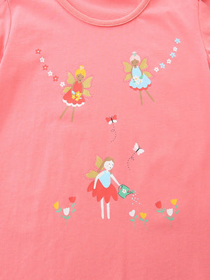 Coral t-shirt with fairy and butterfly print, short sleeves, round neck.