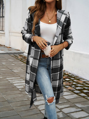 Checked plaid hooded duster coat in dark gray, open front, long sleeve, midi length.