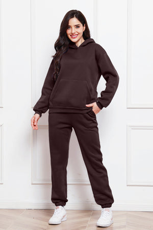 Chocolate relaxed hoodie with front pocket and matching joggers.
