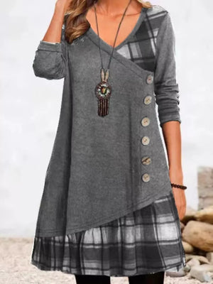 Asymmetrical Plaid Patchwork Long Sleeve Dress in Black, front view