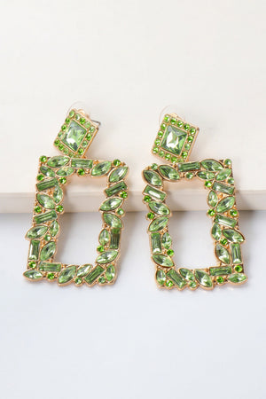 Light Green Geometric Jewel Box Earrings with gold alloy and sparkling stones.