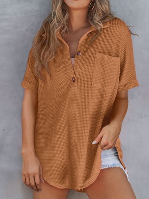 Waffle-knit collared shirt in camel with button detail and chest pocket.