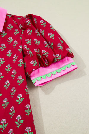 Red floral mini dress with puff sleeves, pink collar, and scalloped cuffs.