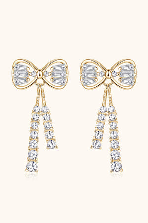 Gold baguette bow drop earrings with crystal tassels