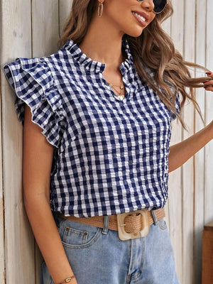 Royal Blue gingham ruffle sleeve blouse with a mock neck and keyhole detail.