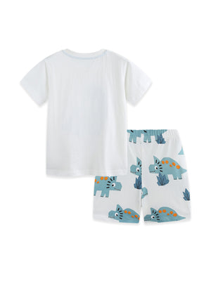 White cotton toddler t-shirt and shorts set with blue dinosaur print.