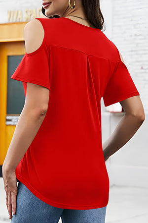 Red cold shoulder flutter sleeve top with back pleats