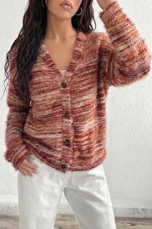 Fuzzy Striped Button Front Cardigan Sweater in Rust, close-up detail