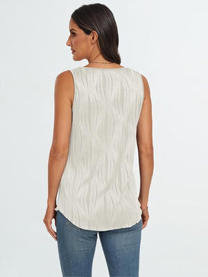 Textured wave tank top in white with a scoop neck and curved hem.