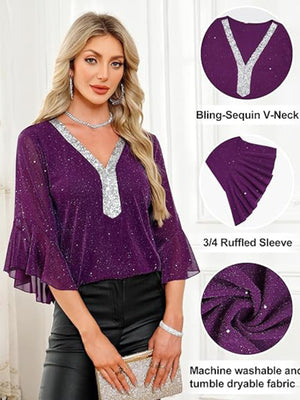 Purple sequin V-neck blouse with 3/4 ruffled sleeves and silver trim