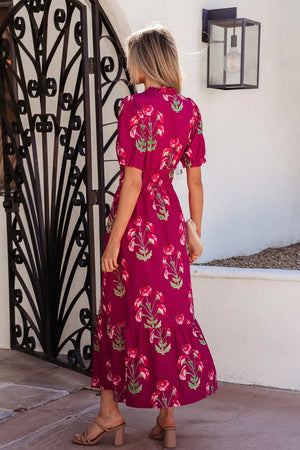 Charming Floral Tiered Midi Dress in magenta with pink floral print, short sleeves, and ruffled neckline.