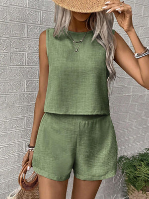 Textured linen tank and short co-ord set in matcha green, casual boho style.