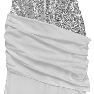 White halter neck maxi gown with silver sequin bodice and draped satin skirt.