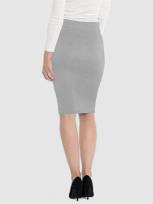 Gray pencil skirt with a high waist and a fitted silhouette.