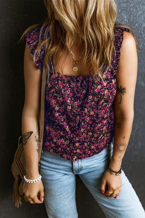 Floral ruffle strap square neck blouse with button detail.