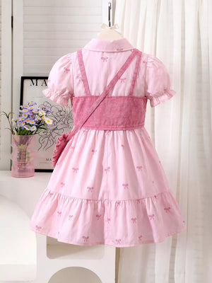 Children's Bow Print Puff Sleeve Dress Set in Pink, back view