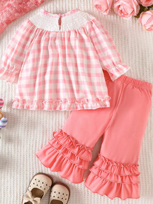 Children's Plaid Smocked Long Sleeve Top And Pants Set in Pink, fabric detail