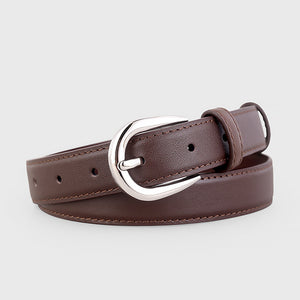 Buckle skinny leather belt in brown with silver buckle.
