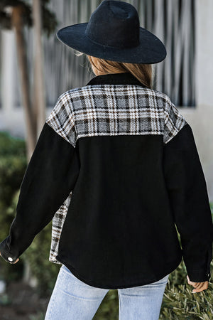 Plaid panel denim shirt jacket in black with a plaid yoke and sleeves.