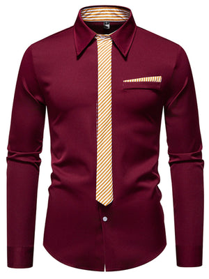 Men's burgundy button-up shirt with white and gold striped tie detail and pocket.