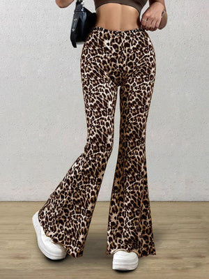 Leopard print bell bottom pants with a flared leg and comfortable fit.