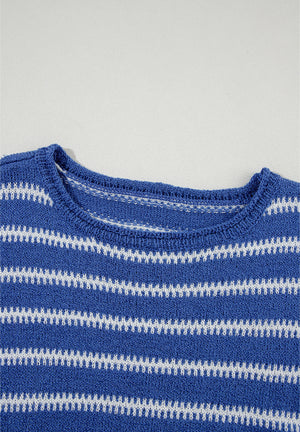 Blue striped knit sweater with a crew neck and textured fabric.