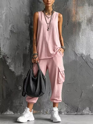 Casual Tank And Cargo Pants Set Plus Size in Sky Blue, back view