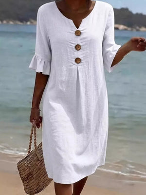Button Decor Ruffle Sleeve Midi Dress Plus Size, front view