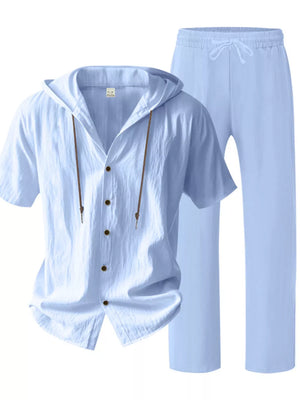 Sky blue linen blend hooded top and pants ensemble with drawstring waist.