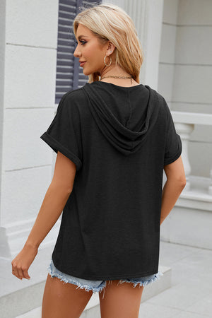 Dark Gray Henley hooded tee with rolled short sleeves and a relaxed fit.