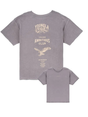 Gray raw edge graphic tee with "Young Ambitious Club" text and eagle graphic.