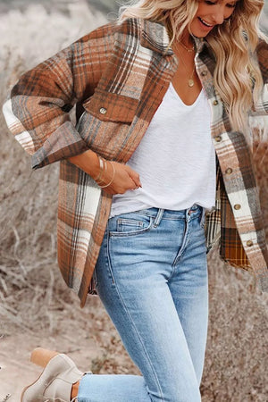 Plaid Button Up Shacket in Caramel, fabric detail