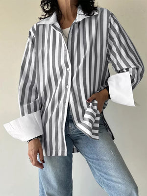 Striped Button-up Long Sleeve Shirt in Gray, side view