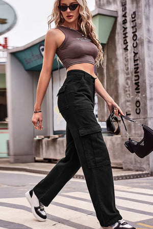 Black utility pocket wide leg cargo pants with a relaxed fit.