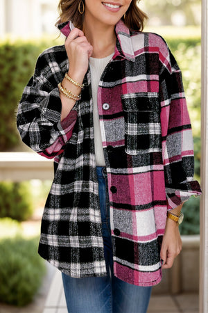 Colorblock plaid oversized shacket with button front and chest pockets.