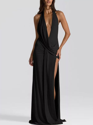 Black ruched halter neck maxi dress with deep V-neck and high slit