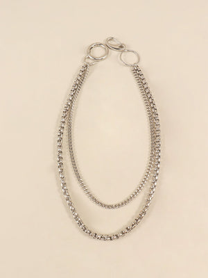 Silver double-strand chain pant accessory with lobster clasp and carabiner clip.