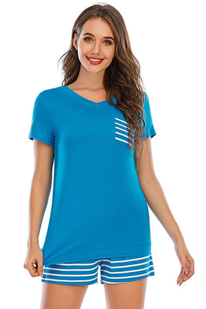 Sky blue V-neck lounge set with striped pocket and shorts