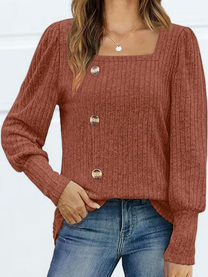 Ribbed knit square neck blouse in Red Orange with puff sleeves and button front.