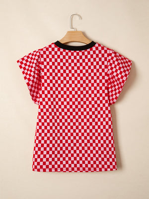 Red and white checkered print shirt with ruffle sleeves and black trim neckline.