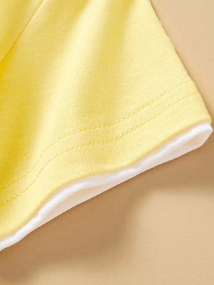 Yellow cotton t-shirt with white trim detail.