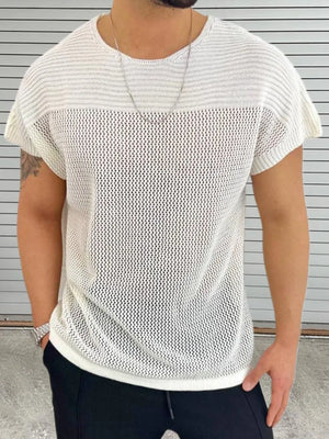 Ivory open knit boxy t-shirt with short sleeves and a crew neck.