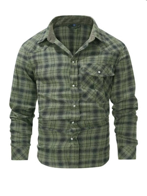 Green plaid cotton button-up shirt with chest pockets and corduroy collar detail.