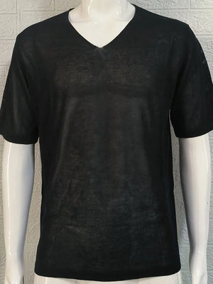 Black textured knit tee with a subtle V-neck and short sleeves.