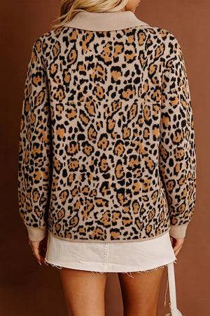 black cardigan featuring buttoned and leopard-print