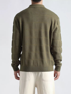 Men's Army Green knit polo top with subtle horizontal stripe texture and ribbed cuffs.