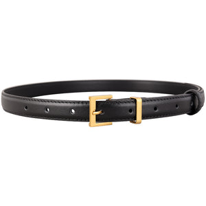 Black leather skinny belt with adjustable fit and golden buckle.